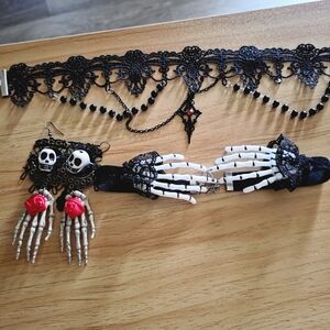 Gothic Black Lace Choker and Skeleton Hand Bracelet Set